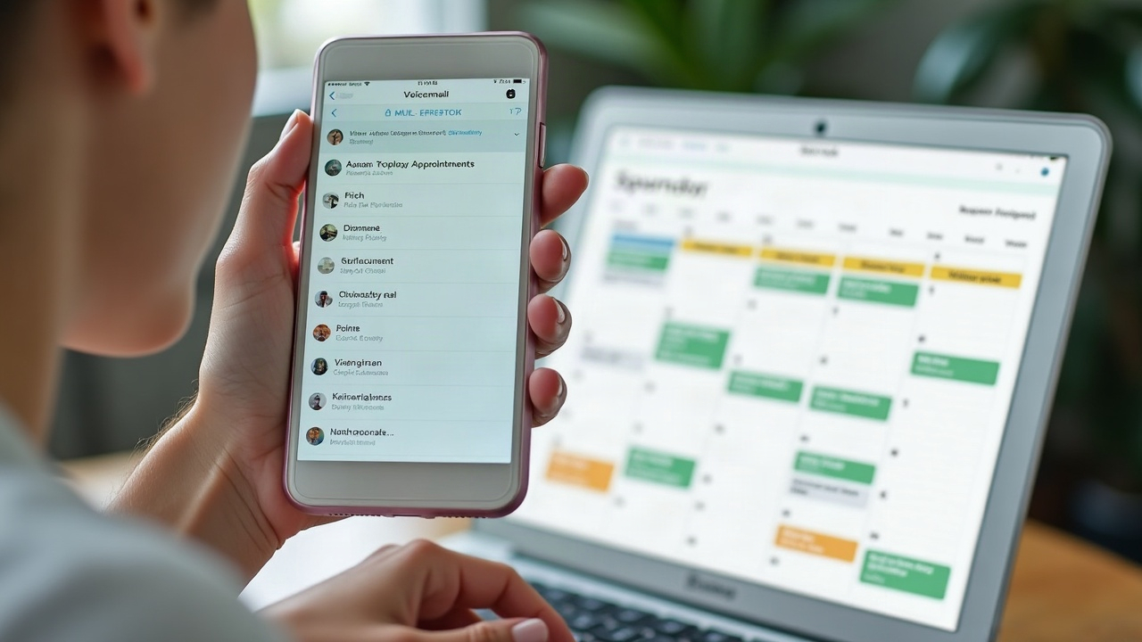 Side-by-side comparison showing a cluttered voicemail inbox on one side and a clean appointment calendar with spa jobs booked on the other