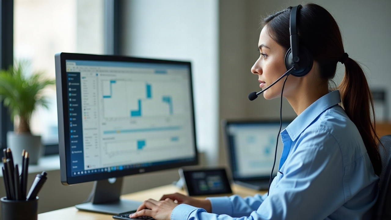 Professional office team member wearing a headset, reviewing a pool and spa service schedule on a computer screen, with technical reference guides visible