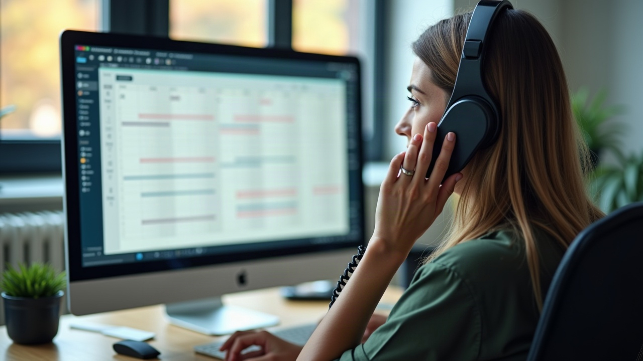 Professional team member at desk answering phone call with scheduling calendar and pool project details visible on screen