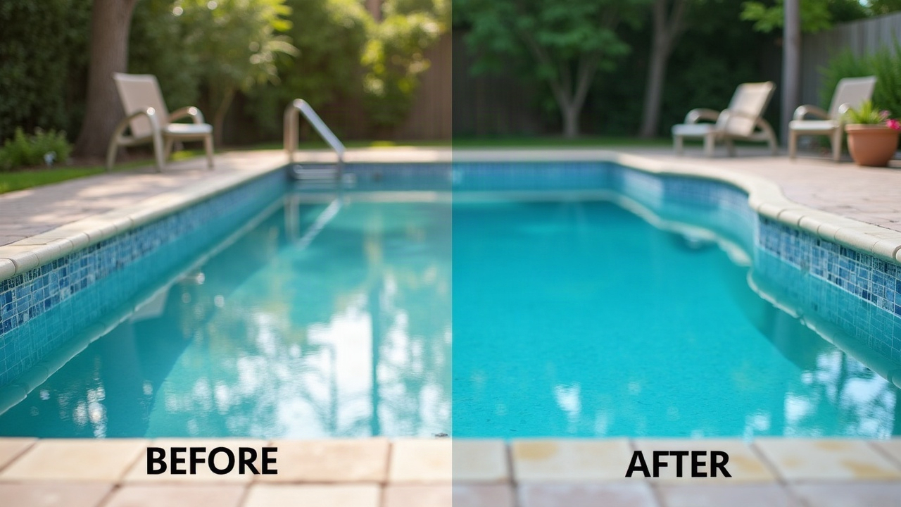 Before and after comparison of pool with old cracked tile versus freshly installed new tile and coping
