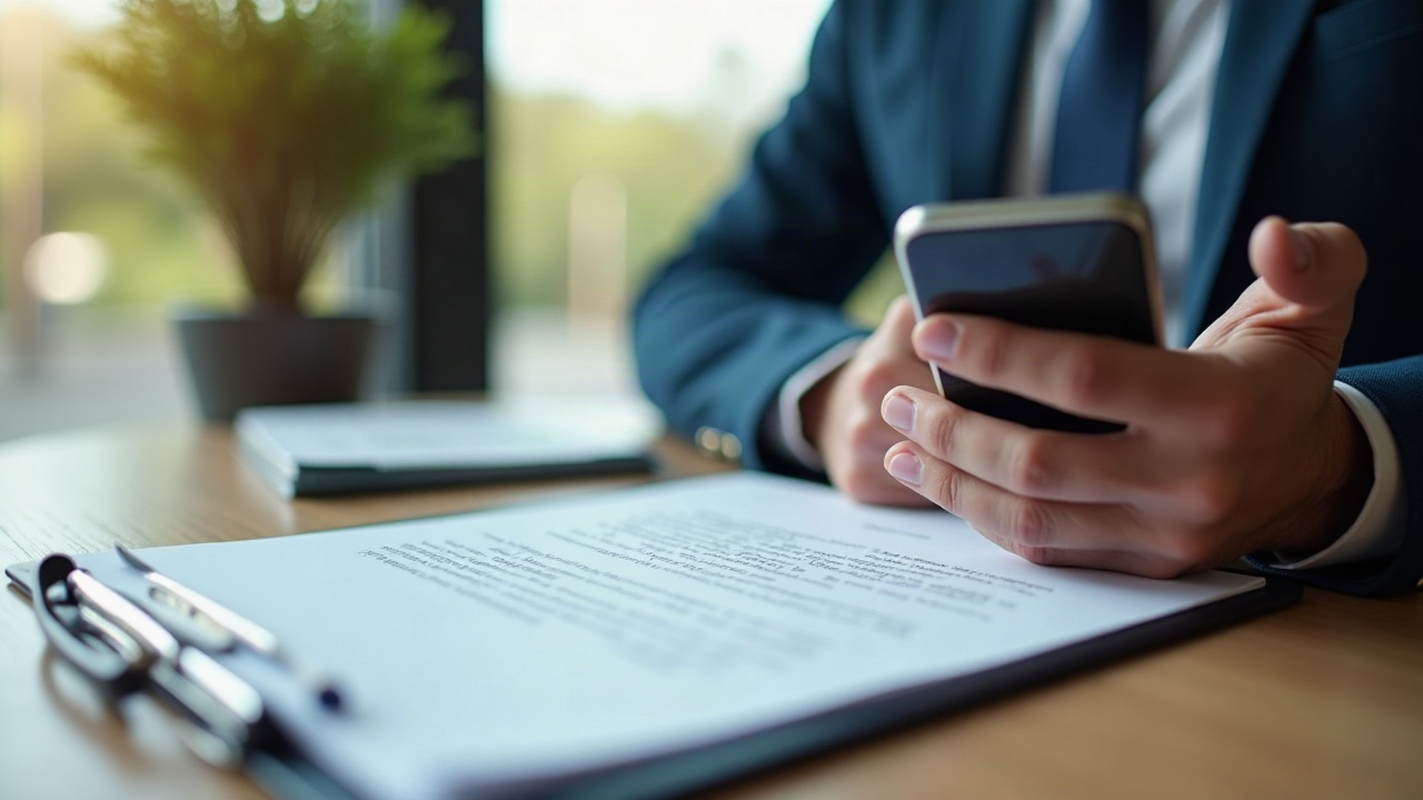 Split screen showing a missed call notification on a phone next to a signed contract on a clipboard