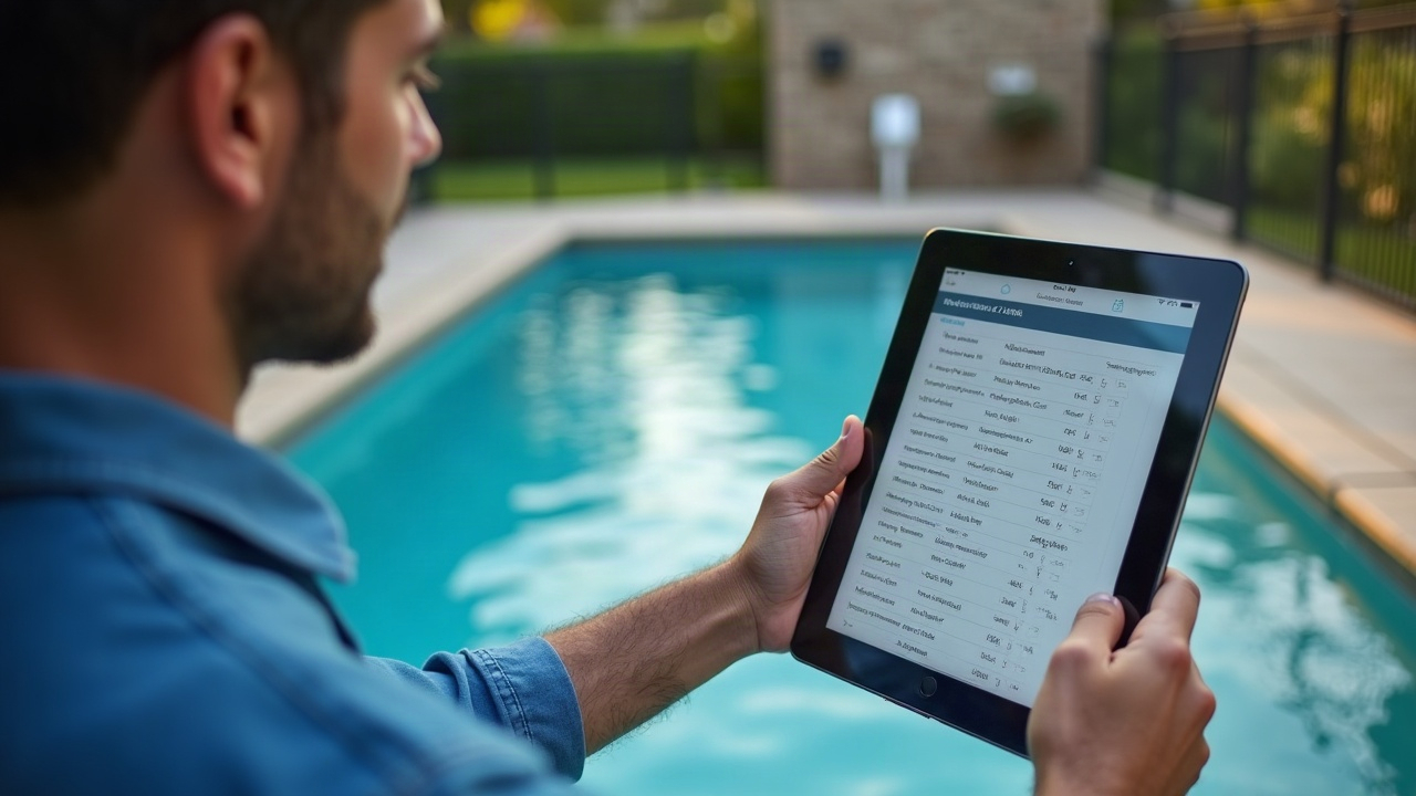 Pool contractor reviewing a tablet showing scheduled jobs while standing next to a pool under renovation