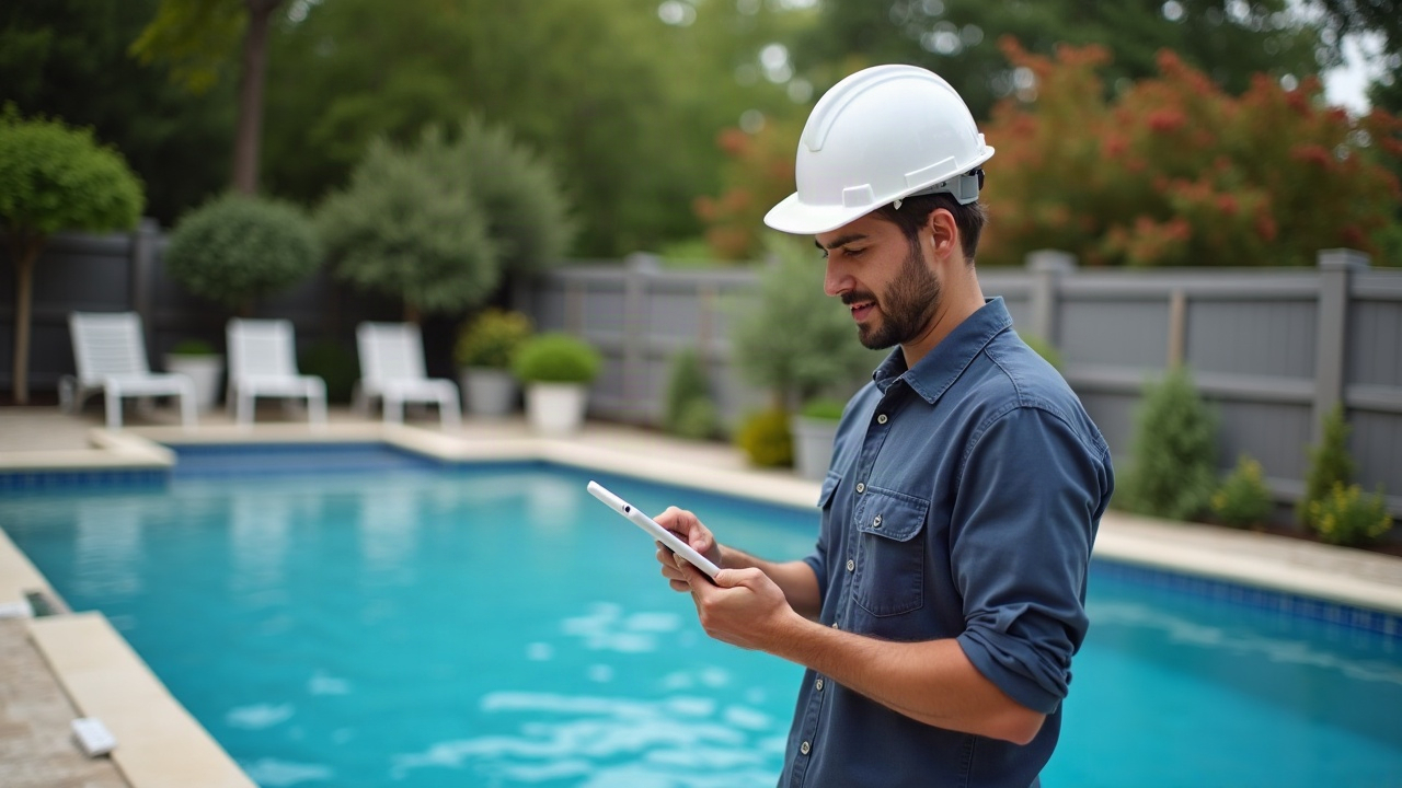 Pool contractor reviewing a detailed quote on a tablet at a job site, showing professionalism and modern business practices