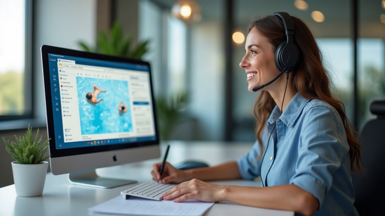 A professional team member wearing a headset in a clean office environment, smiling while taking notes during a phone call, with a calendar and pool service imagery visible on the screen