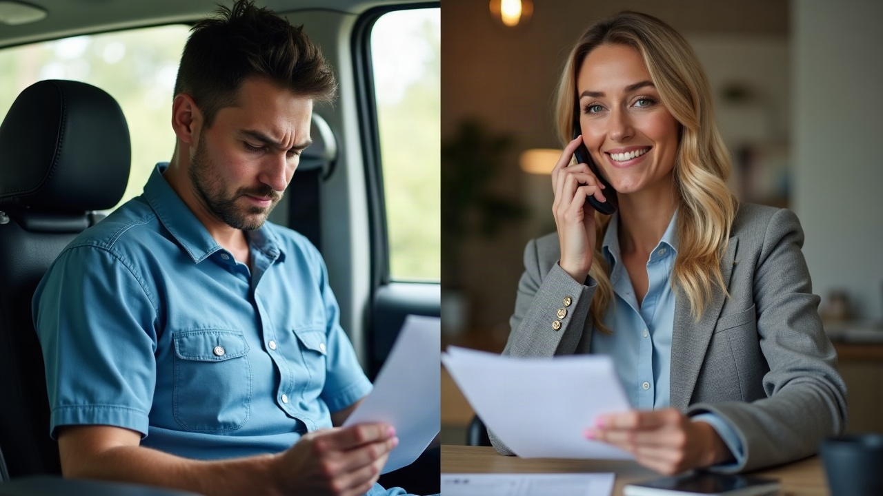 Split-screen comparison: left side shows frustrated pool contractor sitting in truck reviewing paperwork, right side shows organized office team member on phone taking notes with confident expression