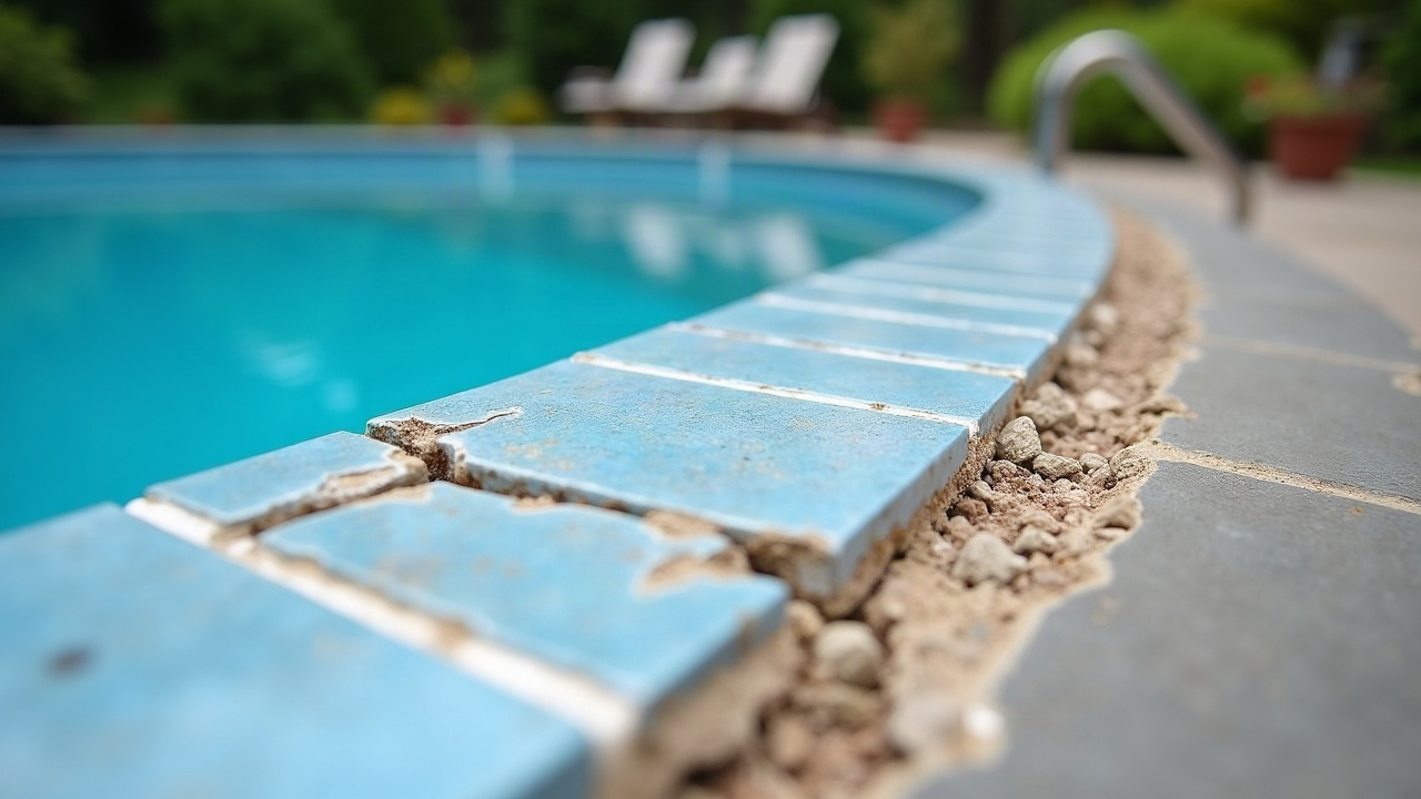Close-up of pool coping damage showing cracked and broken tiles along pool edge, with visible deterioration of mortar bed beneath