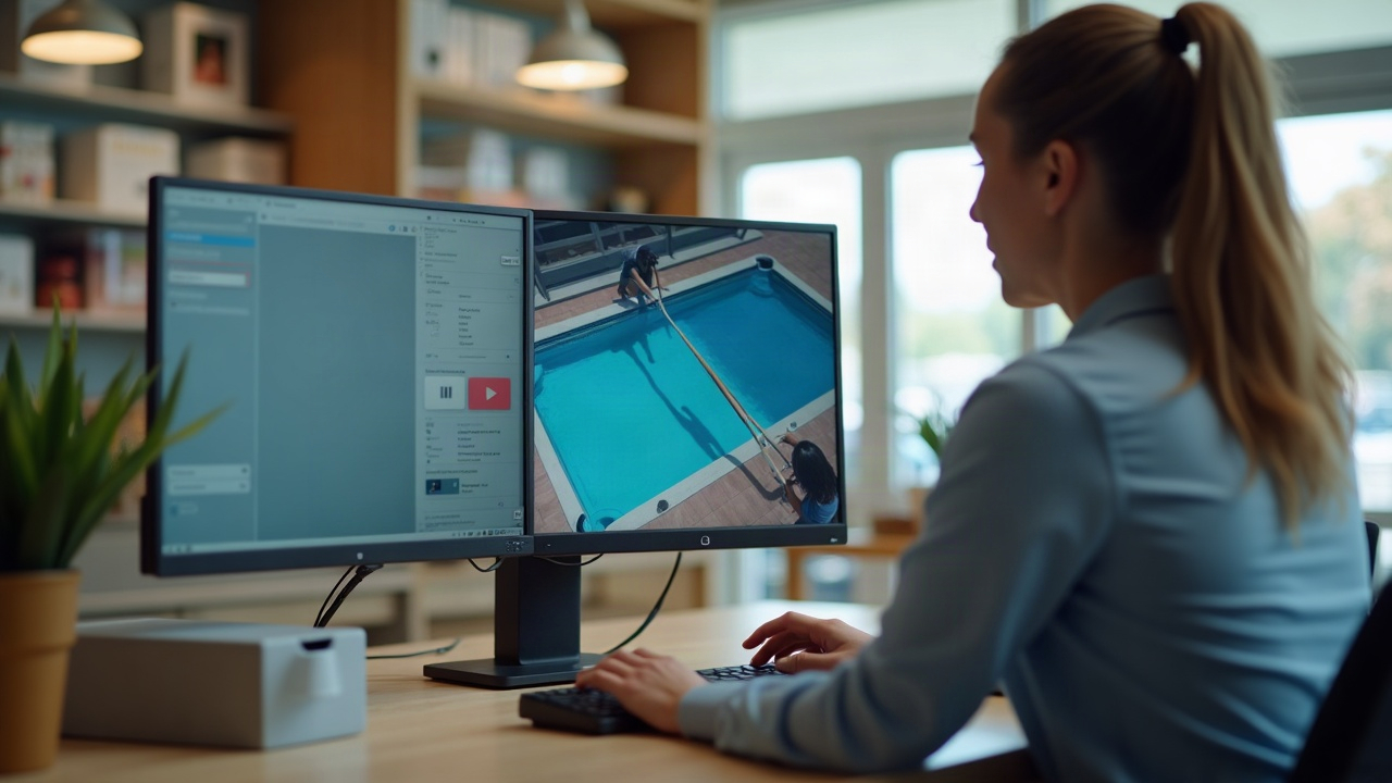 Split screen showing pool company phone going to voicemail versus big box store employee answering call with product display visible in background
