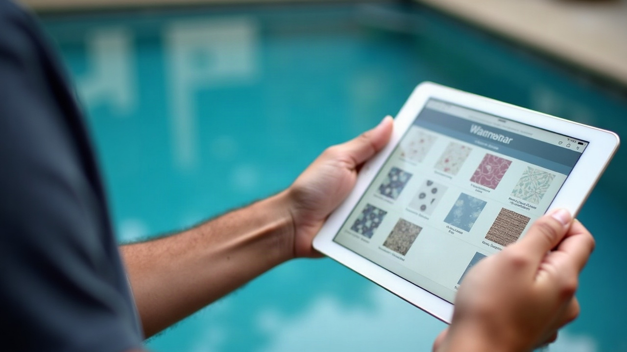 Pool professional showing homeowner liner pattern samples on tablet at poolside with calendar visible showing available installation dates