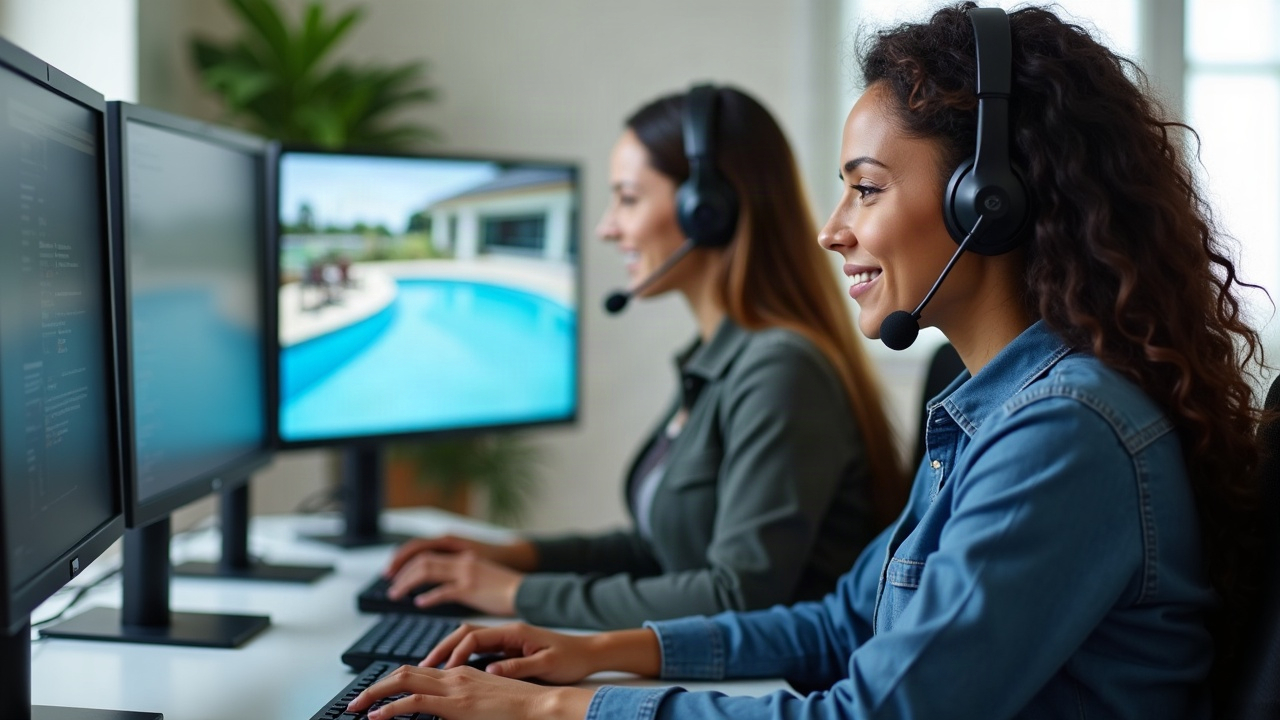 Professional office team on headsets answering calls, with pool project photos displayed on monitors in background