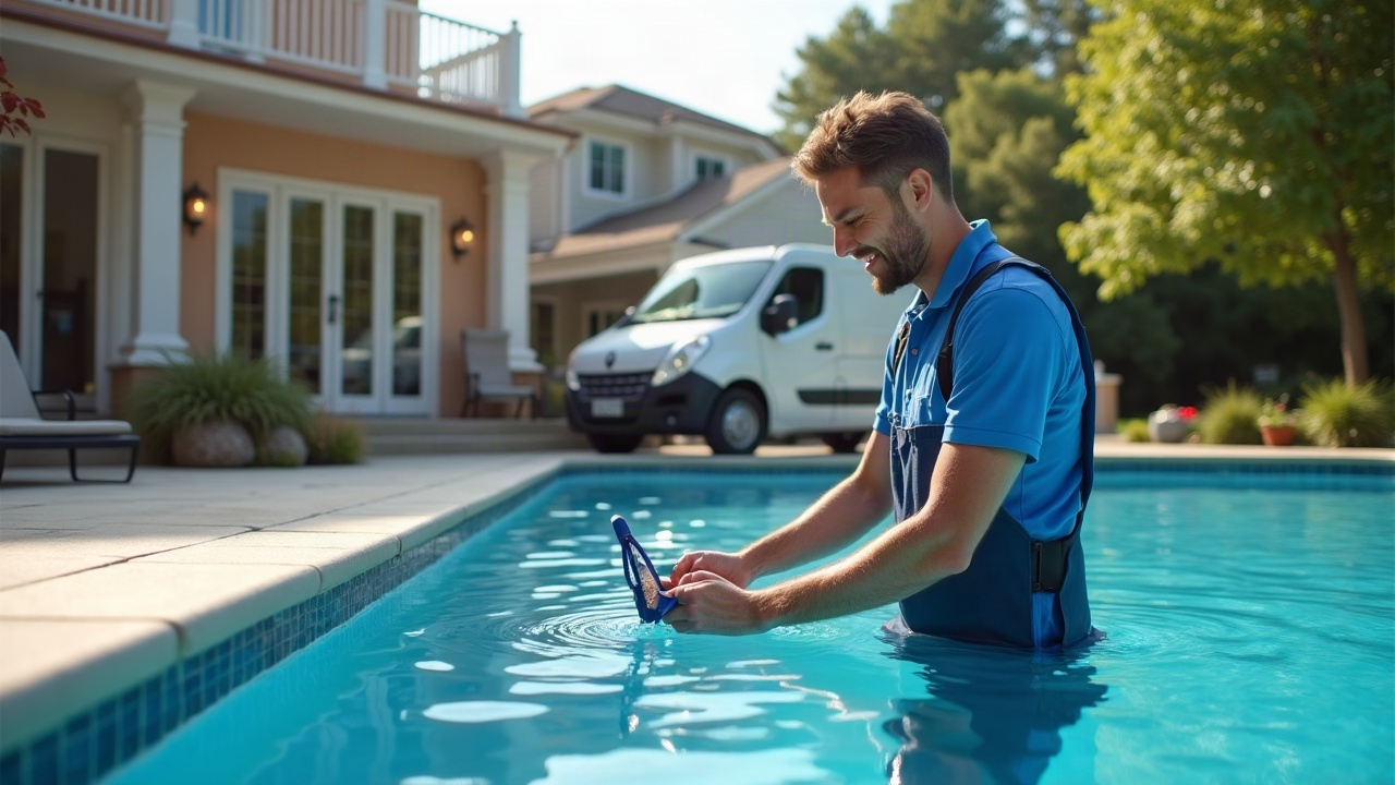 A pool service truck parked in front of a residential home with a technician working on sparkling clean waterline tile, homeowner smiling in background