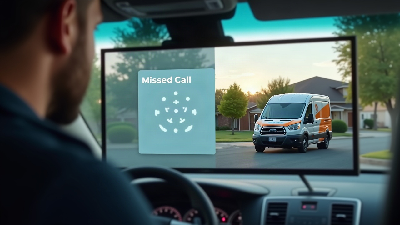 Split-screen showing a missed call notification on one side and a competitor's service van at a customer's house on the other