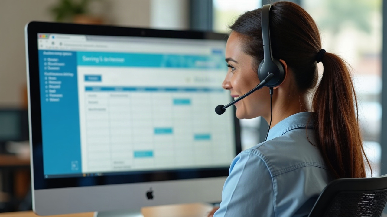 Professional receptionist wearing a headset, smiling while looking at a computer screen showing a pool service booking calendar with winter appointments