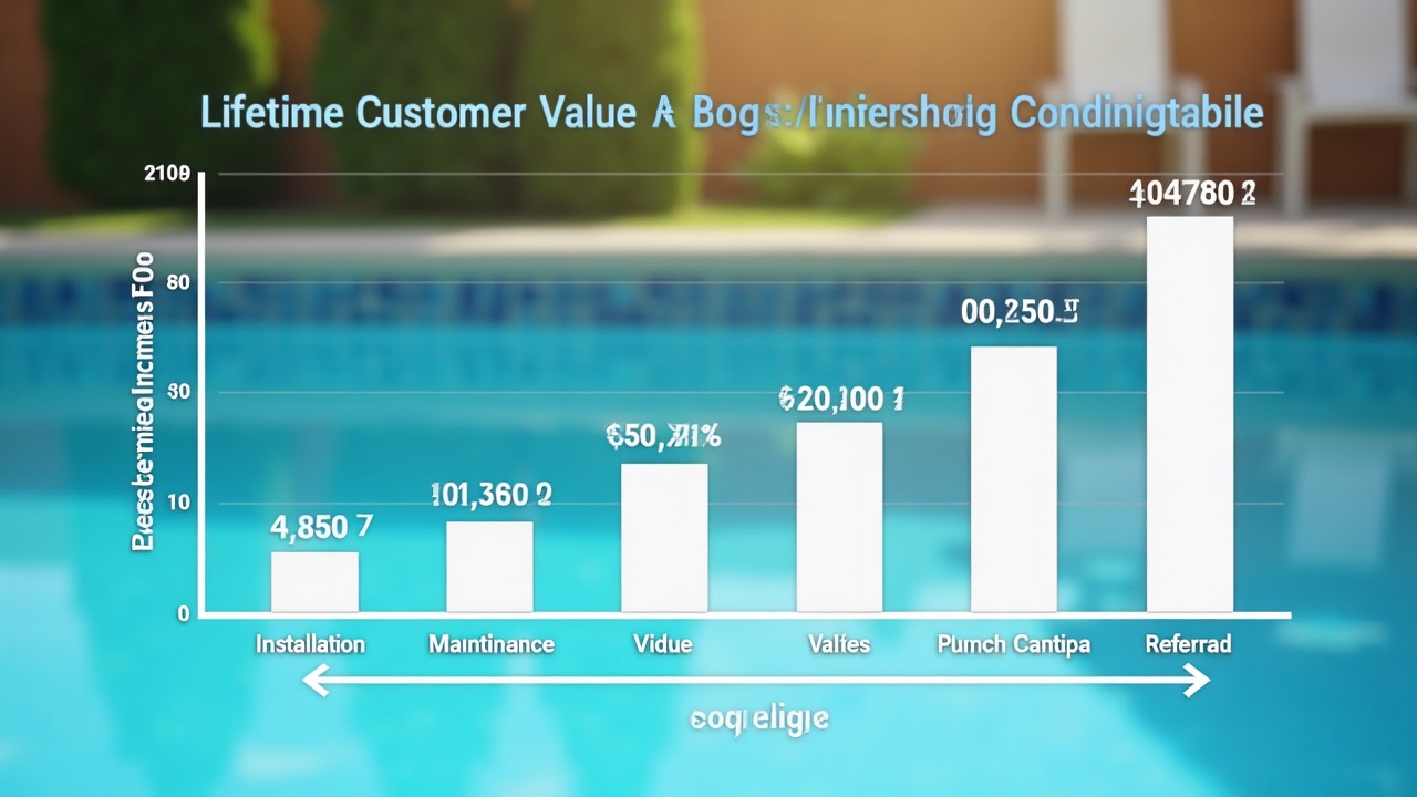 Chart or infographic showing lifetime customer value breakdown for above-ground pool customers across installation, maintenance, repairs, and referrals