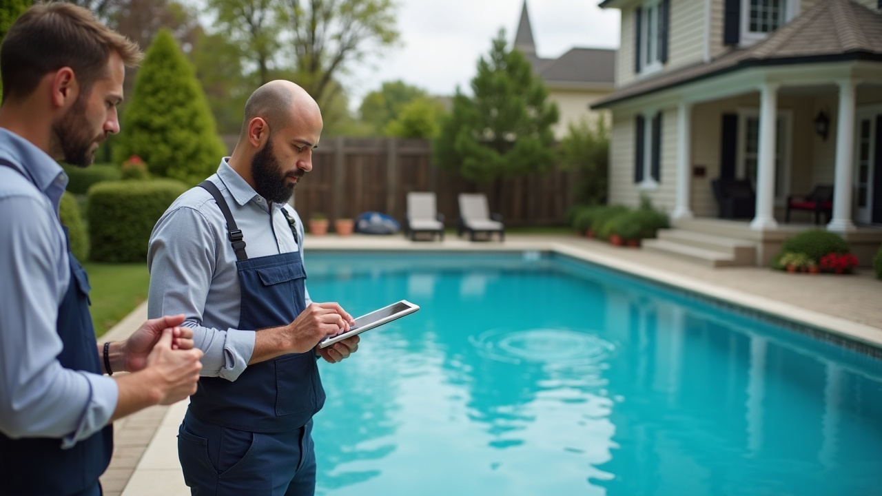 Pool service technician conducting a consultation with a homeowner beside a stained pool, taking notes on a tablet while pointing at the pool surface