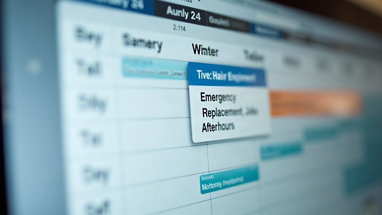 Calendar or scheduling interface showing weekend appointments with emphasis on emergency equipment replacement jobs booked after-hours