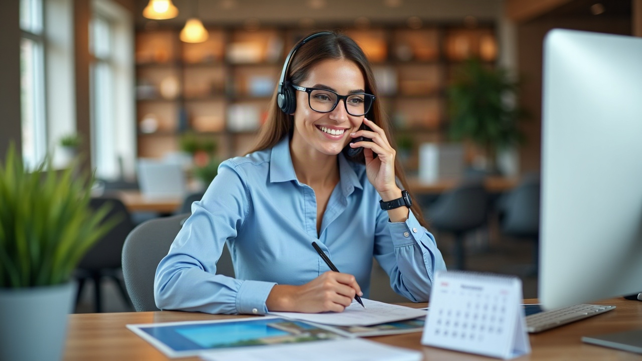 A professional office team member wearing a headset, smiling while taking notes during a phone call, with a calendar and pool design brochures visible on the desk