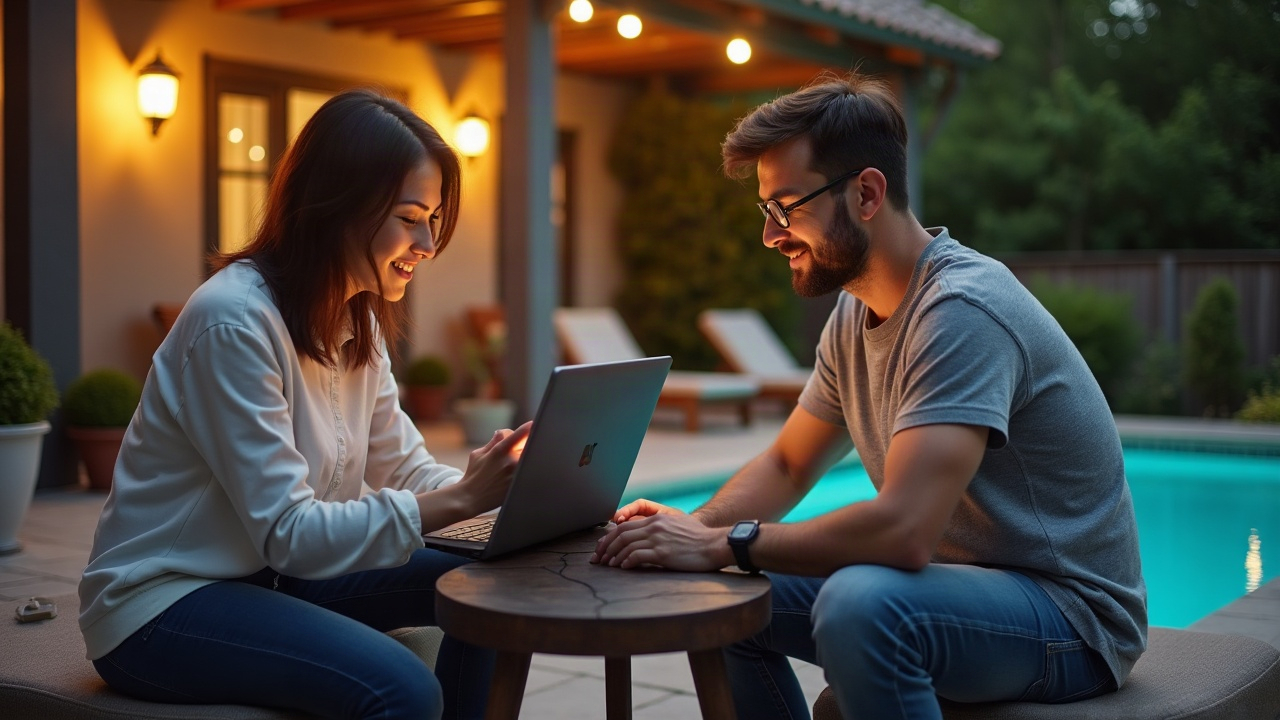 A couple sitting on their back patio in the evening with a laptop and phone, researching pool companies and making calls together
