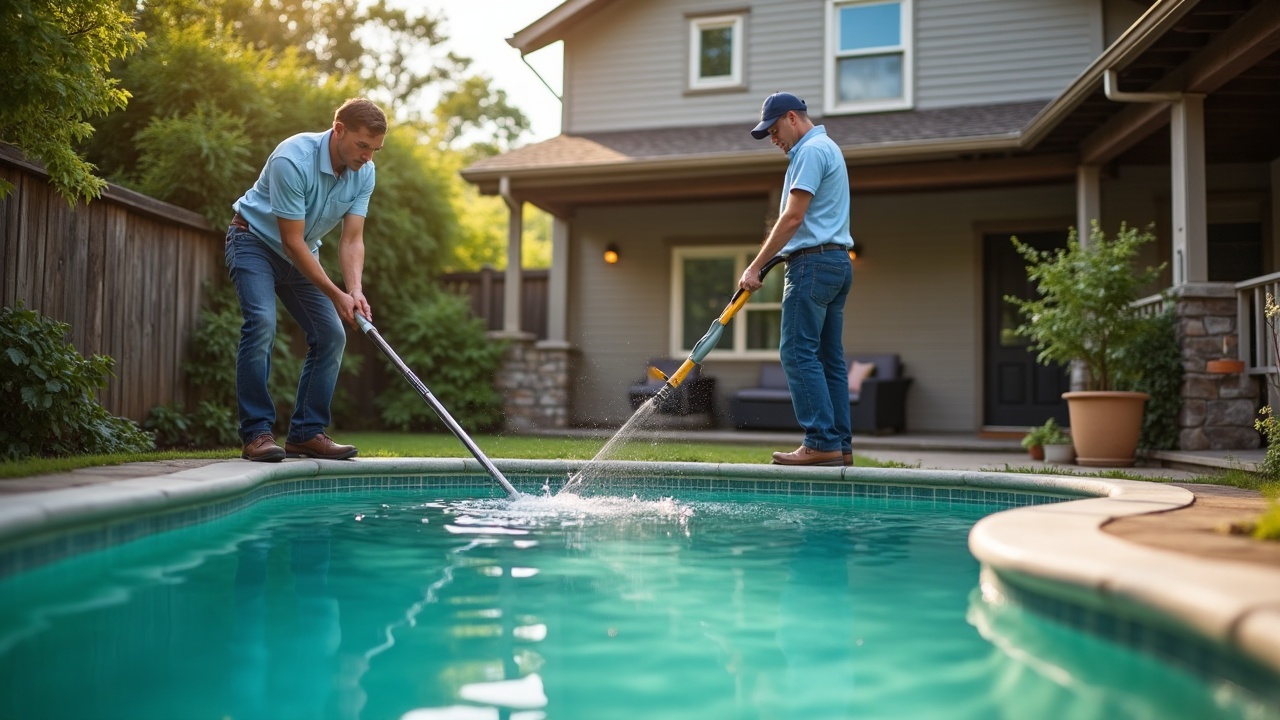 A professional pool service technician treating a green pool with specialized equipment, while a homeowner watches with visible relief, illustrating the value of professional service over DIY retail solutions