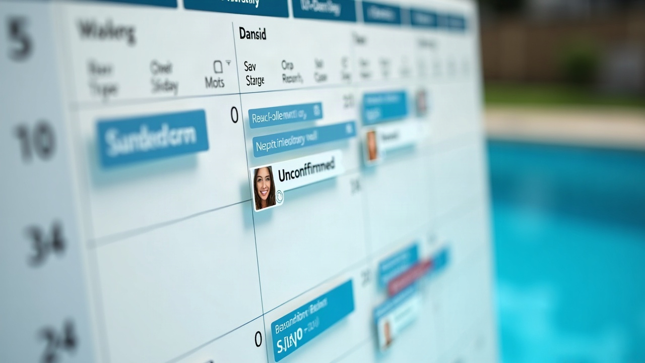 Calendar showing multiple pool service appointments with some marked as