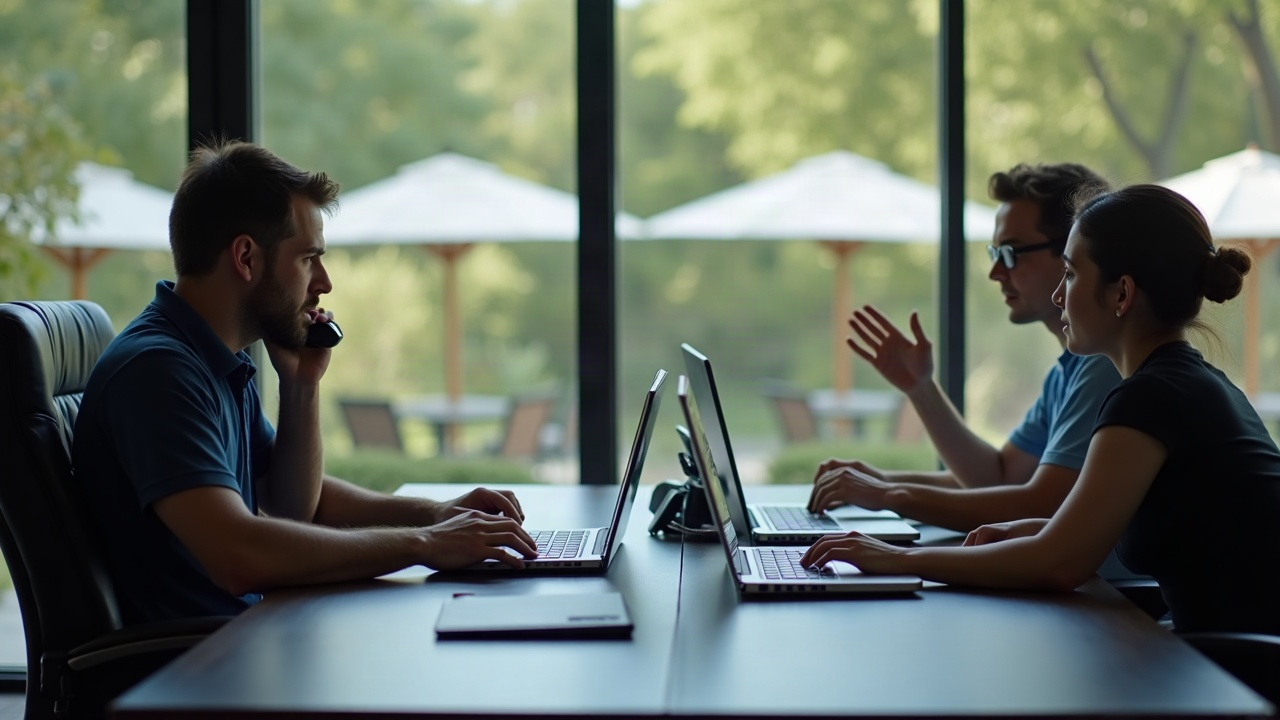 Split screen showing frustrated pool service technician on phone at empty house versus organized office team managing confirmations on computer