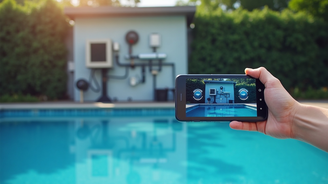 Split-screen comparison showing cluttered pool equipment panel on left and sleek touchscreen automation interface on right