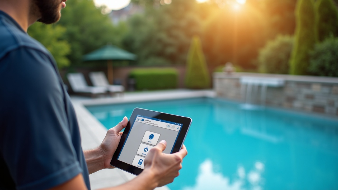 Professional pool technician showing tablet with pool automation system options to homeowners in their backyard