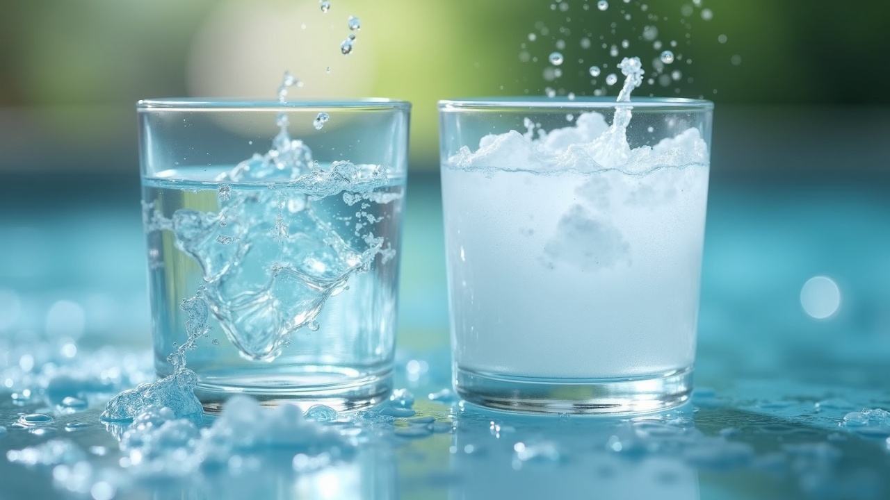 Close-up split image showing clear backwash water in a sight glass next to cloudy backwash water, with a caption explaining what healthy vs. problematic backwash looks like