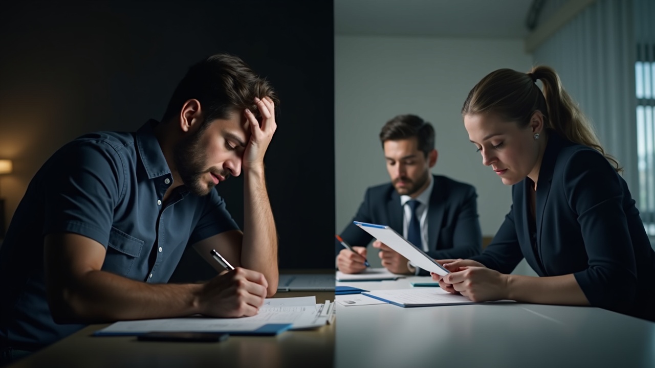 A split-screen comparison showing a stressed contractor writing estimates late at night versus a professional office team preparing proposals during business hours