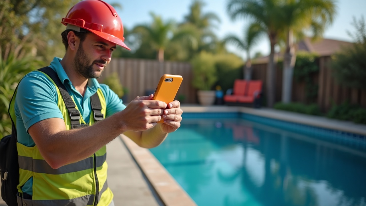 A split-screen showing a pool company owner juggling tools on a job site on one side, and missed calls stacking up on a phone on the other side