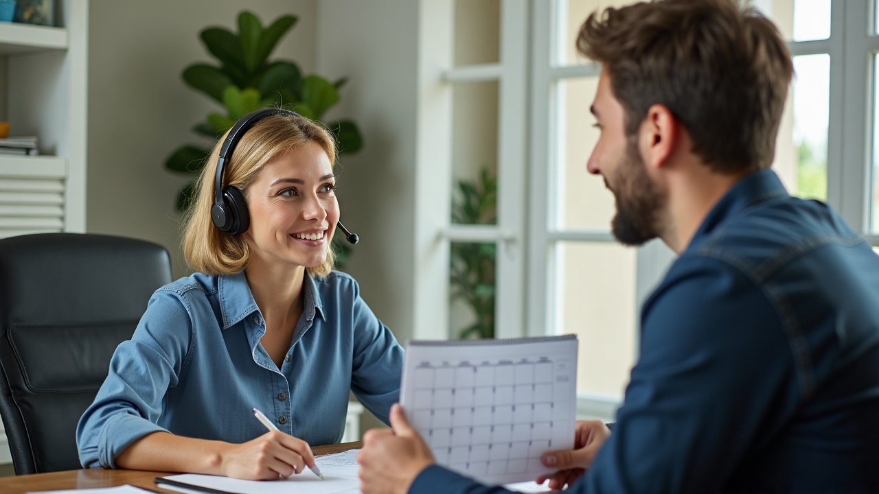 A professional front office team member at a desk with headset, speaking to a homeowner while looking at a calendar and pool company schedule