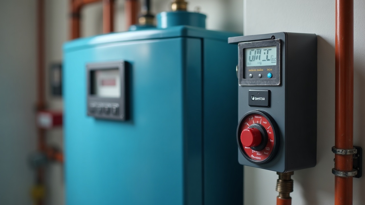Close-up comparison photo showing a pool heater control panel next to a residential boiler control panel, highlighting the similar components and technical systems