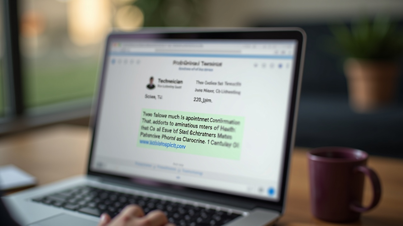 Screenshot mockup of a professional appointment confirmation text message showing technician name, arrival time, service address, and a link to view pricing
