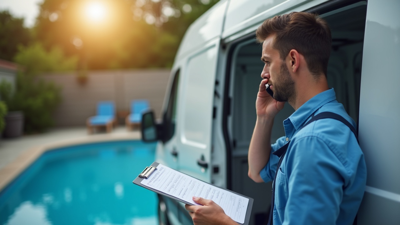 Professional pool service technician on phone at service vehicle, clipboard in hand, representing responsive communication and scheduling