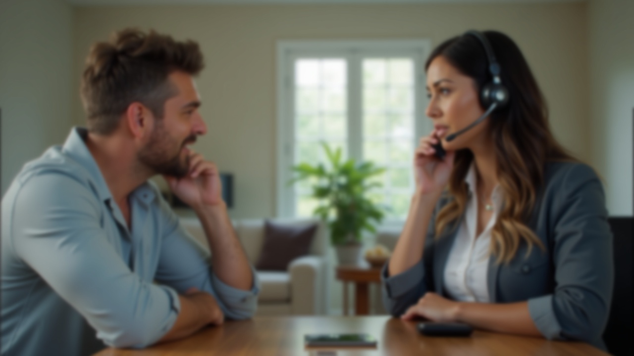 Split-screen showing frustrated homeowner looking at unanswered phone on left, and professional receptionist answering call with headset on right