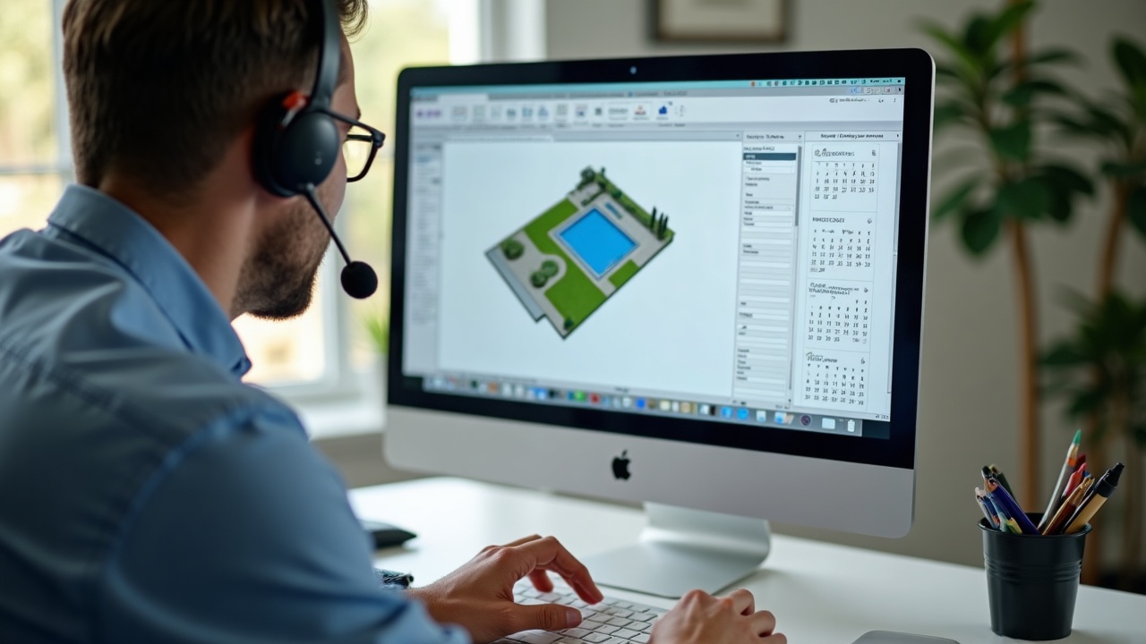 A professional team member on a headset reviewing a detailed pool project form on a computer screen, with a calendar showing scheduled consultations in the background