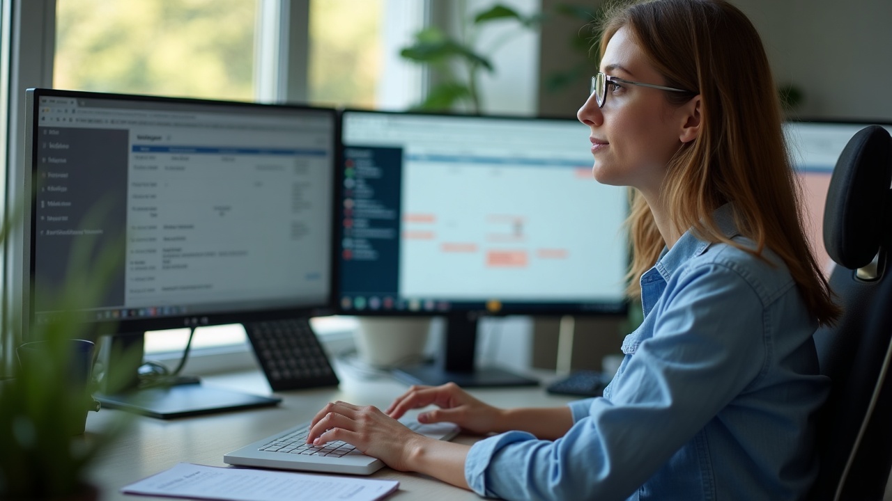Professional office team member working at a desk with multiple monitors showing call logs, calendar scheduling, and customer notes, highlighting organized callback management