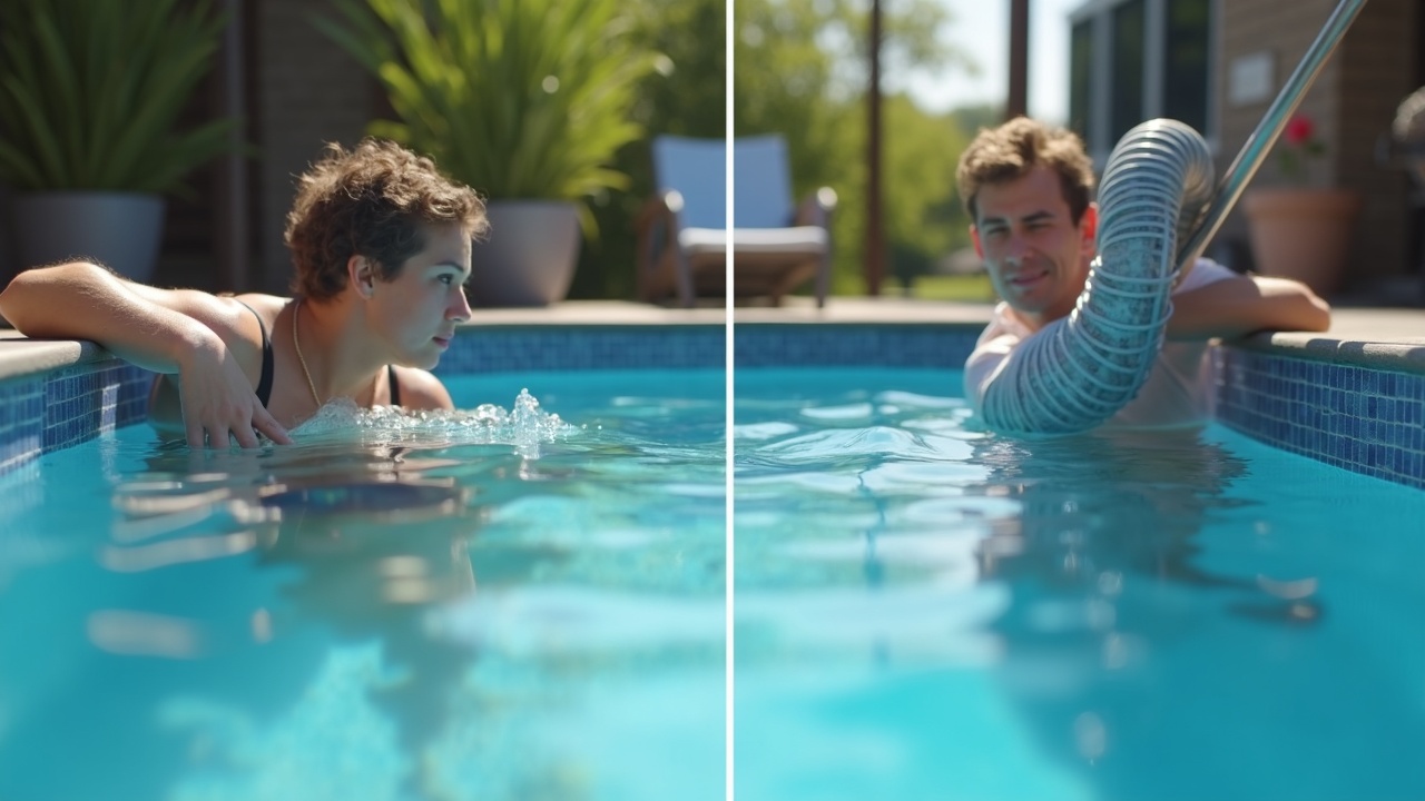 Split-screen comparison showing frustrated pool owner looking at cloudy pool water on one side, and clean cartridge filter being installed by technician on the other side