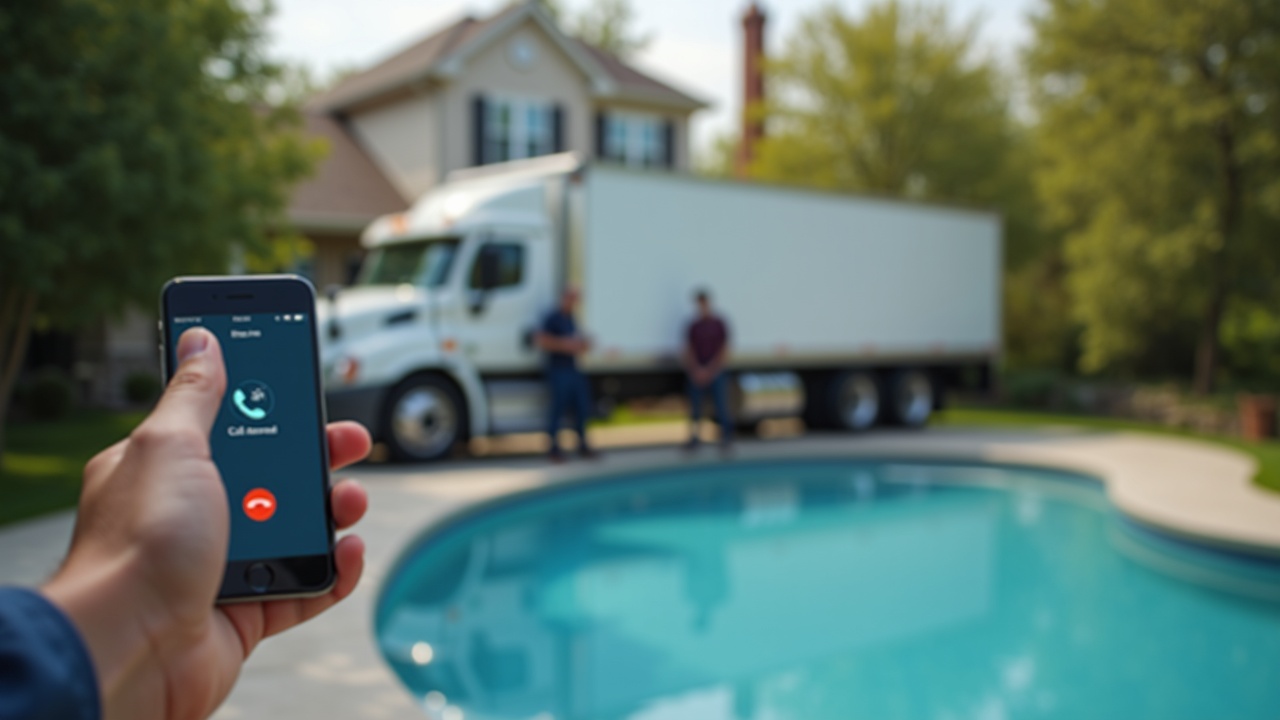 Professional pool service truck parked in residential driveway with technician visible carrying new cartridge filter toward backyard, phone visible in foreground showing 