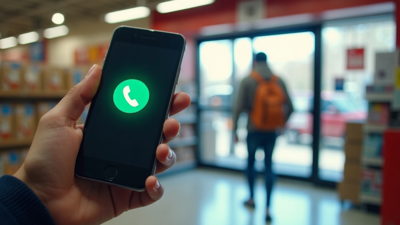 A split screen showing a missed call notification on a phone and a customer walking into a big box store