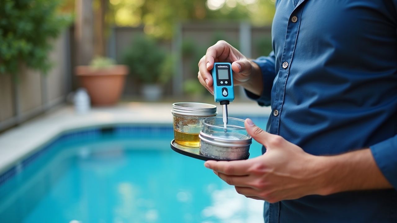 A pool technician testing water chemistry with a digital meter while standing next to organized chemical containers