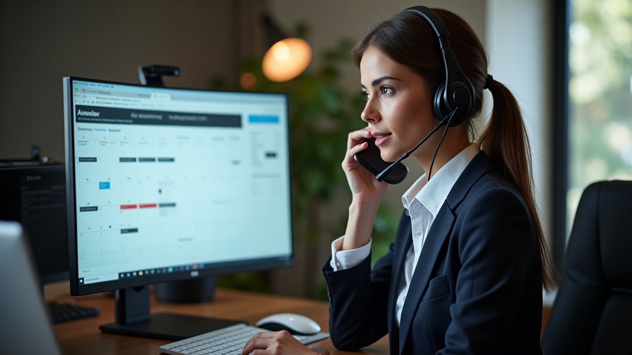 Professional woman at desk with headset answering phone in evening hours, calendar and pool service scheduling visible on screen, representing after-hours call coverage