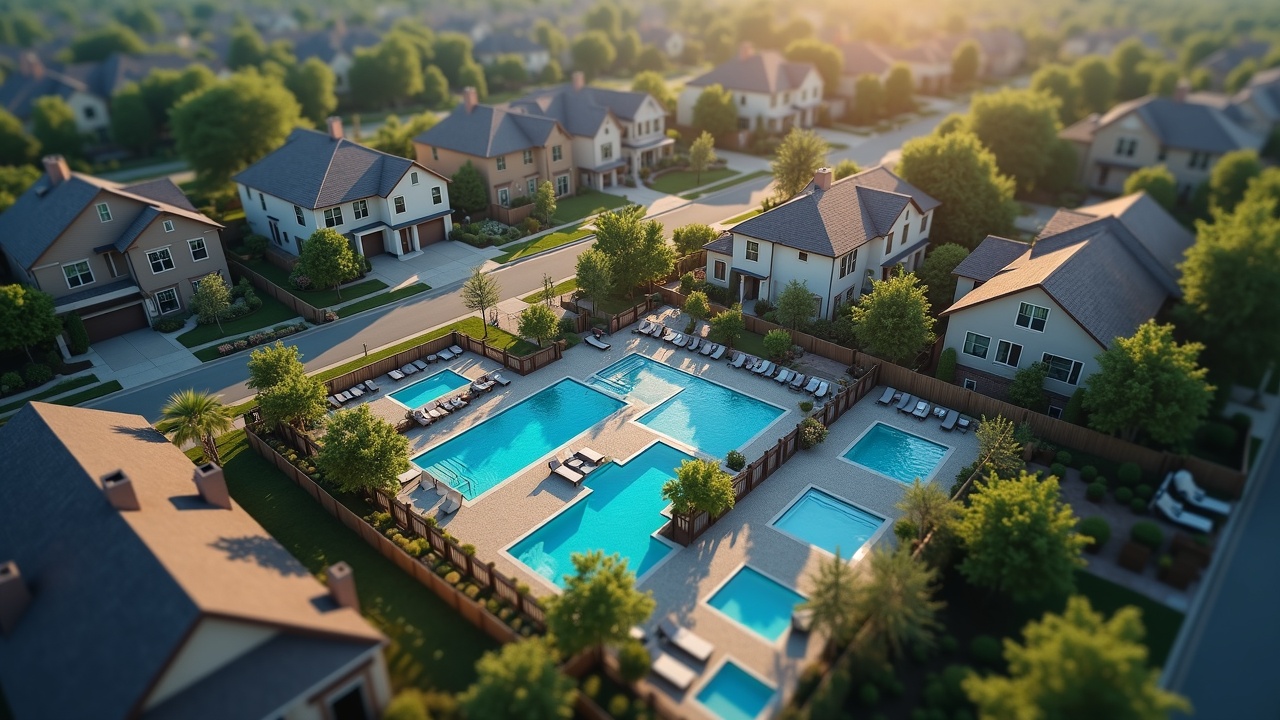 Aerial view of suburban neighborhood with pools marked showing route density concentration and scattered competitor accounts