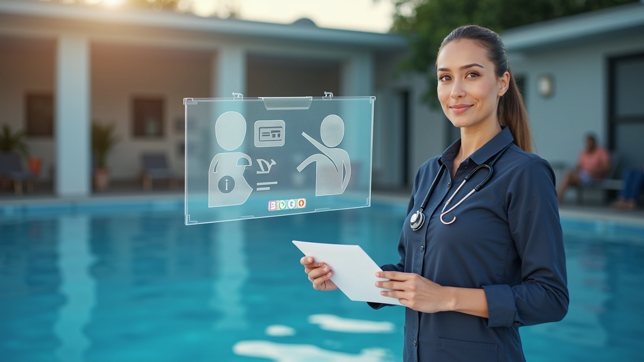 Pool service professional confidently working on equipment with overlay showing call being answered simultaneously by office team