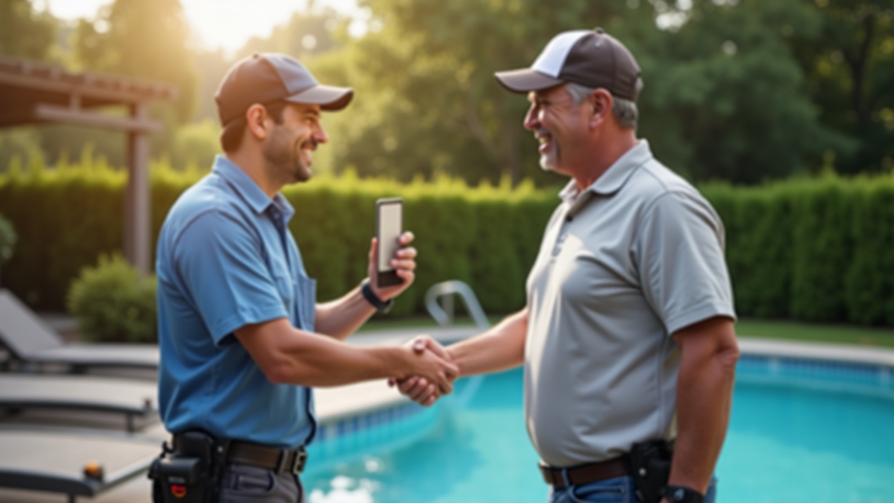 Split-screen comparison showing missed call notification on phone next to happy homeowner shaking hands with pool service technician