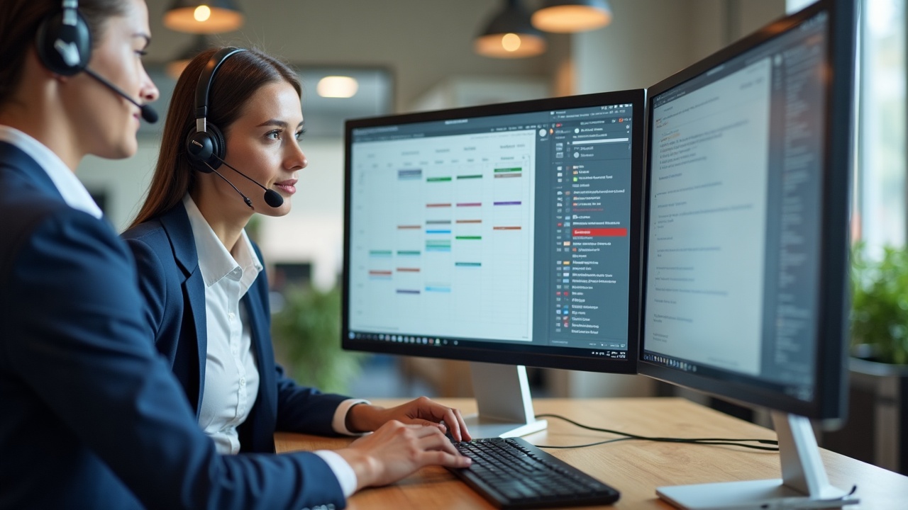 Professional office desk setup with headset, dual monitors showing calendar and customer information, representing a managed front office team