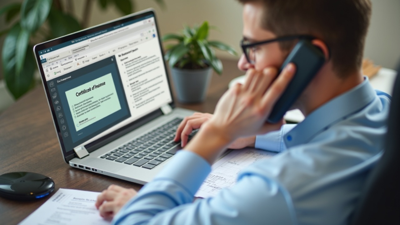 Property manager on phone at desk with laptop showing vendor compliance checklist, documents labeled 