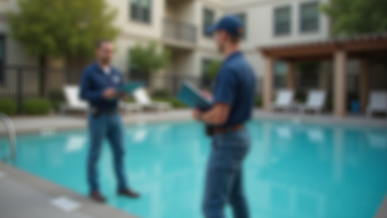 Pool service technician in professional uniform conducting site inspection at apartment complex pool, clipboard in hand, property manager observing