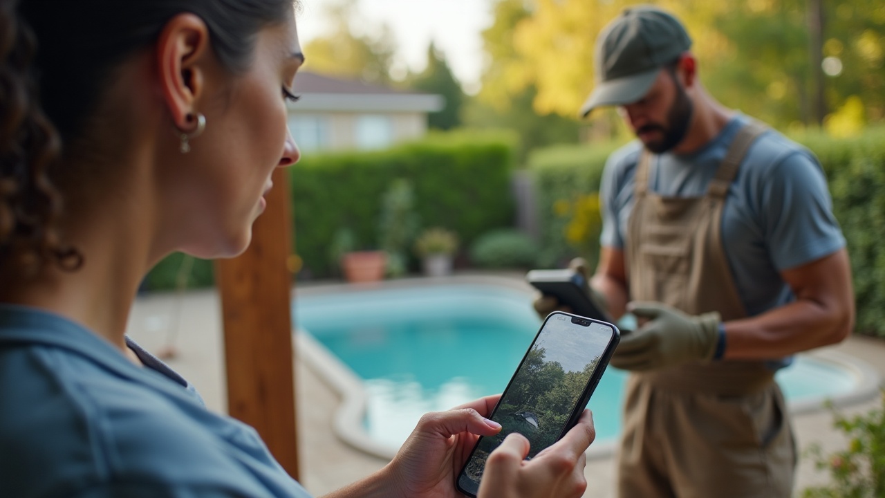 Split screen showing frustrated homeowner on phone looking at voicemail, while pool company owner is covered in dirt at job site unable to take call professionally