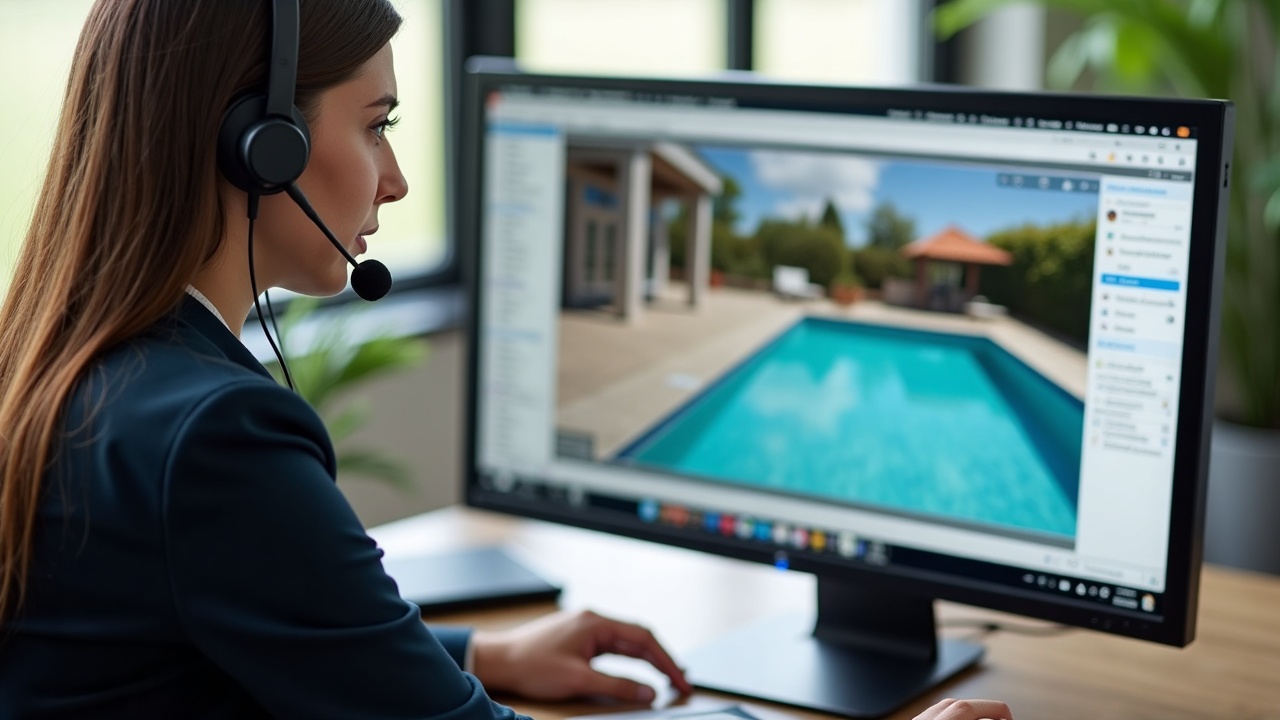 Professional office team member wearing headset reviewing pool design specs on computer screen while taking notes during client call