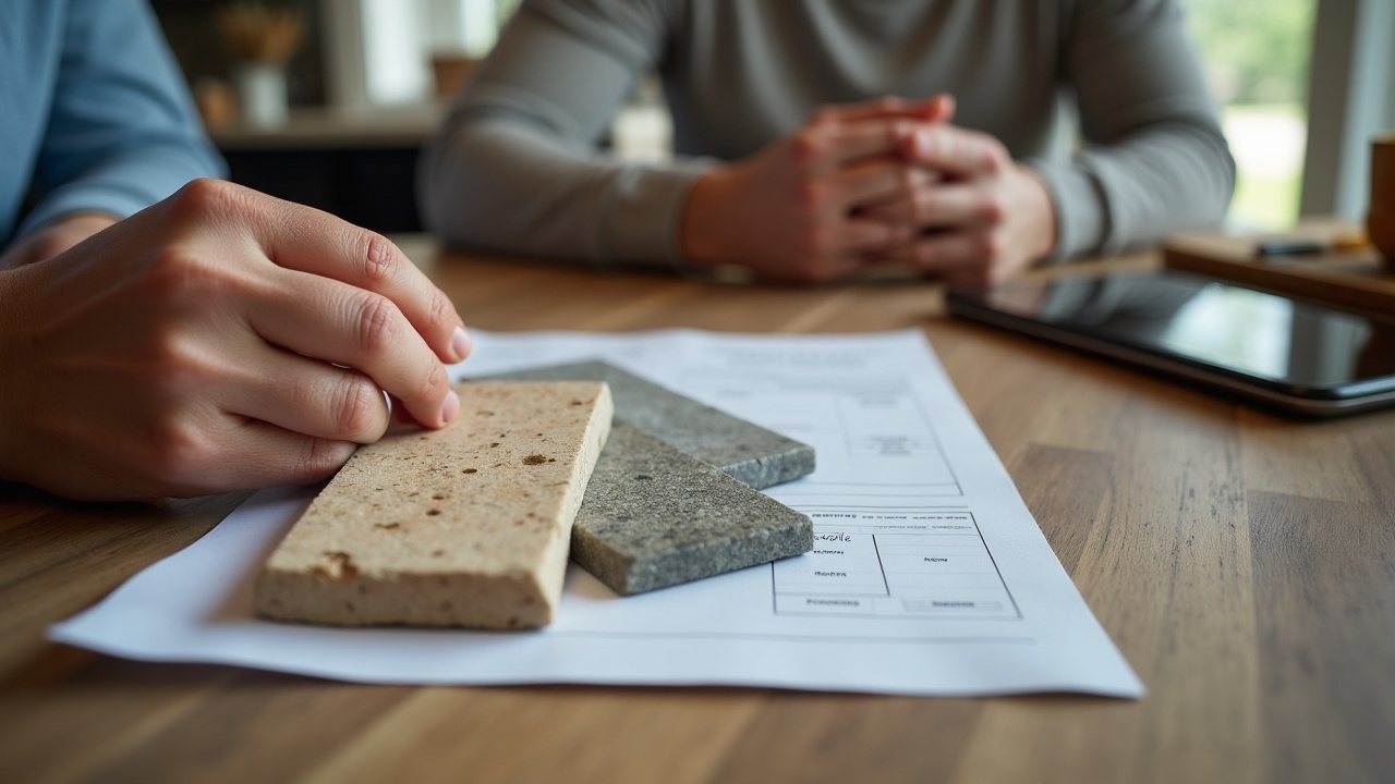 Close-up of a professional holding material samples of different pool coping options (travertine, bluestone, precast concrete) while reviewing a quote with a homeowner at a kitchen table